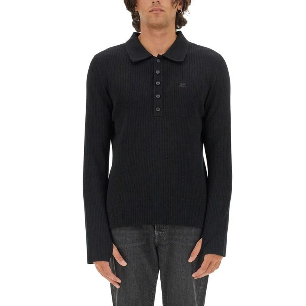 COURREGES Men's Ribbed Knit Long Sleeve Polo Top with Logo Men BLACK T-Shirts